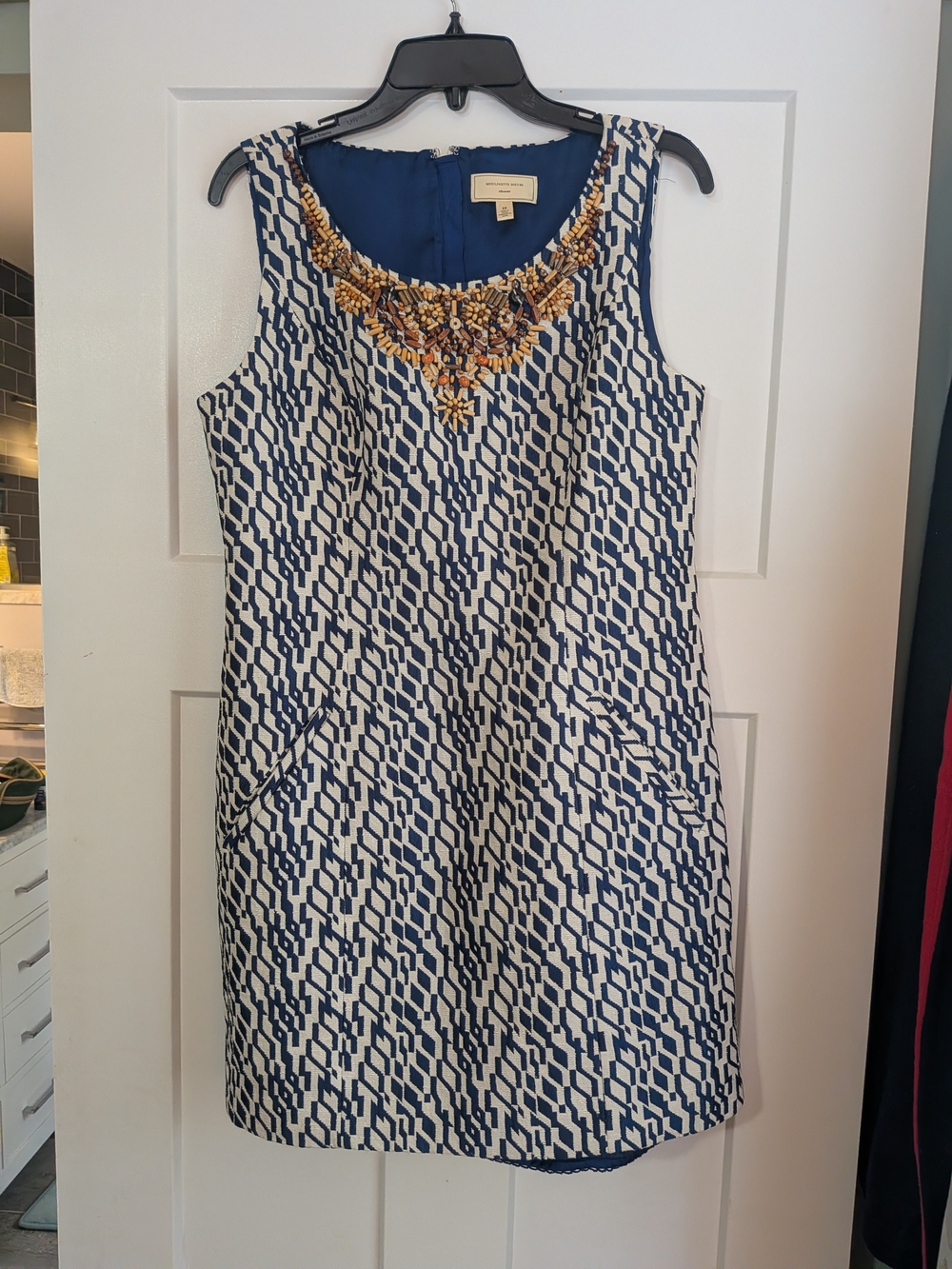 Moulinette Soeurs Navy & White Geometric Beaded Neck Mini Dress
